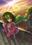 absurdres bird broom cloud clouds collarbone from_above green_eyes green_hair highres kasodani_kyouko lens_flare parted_lips river scenery solo stairs sunset touhou xiamianliele 