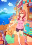  absurdres aqua_eyes bike_shorts blush cloud clouds colorful dog heart highres long_hair ocean original outstretched_arm outstretched_hand perspective purple_hair railing revision sandals shadow sky smile solo tanuki_koubou water 