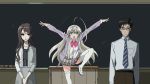  2girls ahoge another black_hair bow chalkboard crane crane_stance crossover dress_shirt glasses green_eyes haiyore!_nyaruko-san highres kubodera_shouji long_hair mikami_(another) multiple_girls necktie nyarlathotep_(nyaruko-san) open_mouth outstretched_arms porinkii school_uniform shirt silver_hair skirt stand standing standing_on_one_leg thighhighs white_legwear 