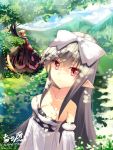  bare_shoulders black_hair blonde_hair bow breasts character_request cleavage cloud clouds dress dungeon_and_fighter hair_bow leaf long_hair mountain multiple_girls pointy_ears red_eyes sheltea signature silver_hair slit_pupils tree 