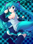  aosora aqua_eyes aqua_hair boots checkered checkered_background detached_sleeves hatsune_miku headset highres long_hair necktie skirt solo thigh-highs thigh_boots thighhighs twintails very_long_hair vocaloid wink 