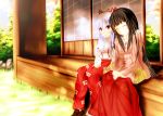 blush closed_eyes eyes_closed fujiwara_no_mokou houraisan_kaguya long_hair long_skirt multiple_girls n/ako outdoors sitting skirt touhou