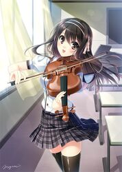  black_hair black_legwear blush brown_eyes classroom hairband instrument looking_at_viewer mogami_noa open_mouth original plaid plaid_skirt pleated_skirt school_uniform signature skirt smile solo sunlight thigh-highs thighhighs violin 