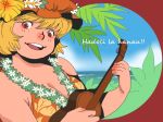  alternate_costume bikini_top blonde_hair flower hat instrument lei ocean onikobe_rin open_mouth palm_tree plump red_eyes touhou tree ukulele 