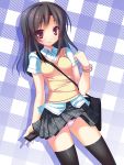  bag black_hair black_legwear bracelet breasts jewelry long_hair looking_at_viewer ochinsama original panties pantyshot pink_panties plaid plaid_background red_eyes school_uniform shoulder_bag skirt smile solo sweater_vest thigh-highs thighhighs underwear 