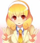  blonde_hair blush bust cardigan double_v hairband kamanatsu kise_yayoi looking_at_viewer precure red_eyes school_uniform short_hair smile_precure! solo v 