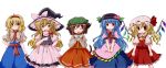  :d :t ^_^ alice_margatroid animal_ears blonde_hair blue_hair bow brown_eyes brown_hair capelet cat_ears cat_tail chen closed_eyes dress eyes_closed flandre_scarlet food fruit futami_yayoi hat hat_bow hat_ribbon highres hinanawi_tenshi jewelry kirisame_marisa long_hair multiple_girls open_mouth peach pout ribbon side_ponytail simple_background single_earring smile tail touhou white_background wings witch witch_hat yellow_eyes 