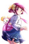  bag candy_(smile_precure!) creature highres hoshizora_miyuki necktie nekozawa_yukari pink_eyes pink_hair precure school_bag school_uniform short_hair short_twintails smile_precure! twintails white_background 