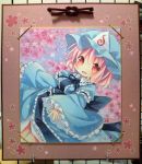  :d acrylic_paint_(medium) arm_ribbon blue_dress dress flower frame hat highres kagami_leo long_sleeves marker_(medium) open_mouth photo pink_eyes pink_hair saigyouji_yuyuko sash shikishi short_hair smile solo touhou traditional_media triangular_headpiece wide_sleeves 