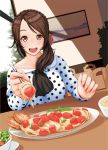  1girl brown_hair dutch_angle flower food hair_flower hair_ornament happy indoors looking_at_viewer nail_polish nanahime_(aoi) original picture polka_dot pov pov_feeding smile table 