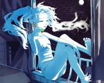 bare_shoulders barefoot blue_eyes cellphone full_moon hatsune_miku highres long_hair monochrome moon night open_mouth phone sitting sky smile solo star_(sky) starry_sky strap_slip supopon_(sppn) tank_top twintails vocaloid window 