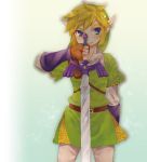  androgynous blonde_hair blue_eyes fingerless_gloves gloves hat link lips male master_sword mitsubachi_koucha pointy_ears smile solo standing sword the_legend_of_zelda tunic weapon 