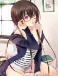  adjusting_glasses arm_support bespectacled book brown_eyes brown_hair fuuchouin_kazuki getbackers glasses highres lips long_hair male off_shoulder papillon10 red-framed_glasses semi-rimless_glasses sitting solo striped trap very_long_hair 