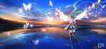  boots butterfly detached_sleeves floating green_hair hatsune_miku pcw ripples sky solo sunset thigh_boots thighhighs twintails vocaloid water wings 