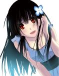  bare_shoulders black_hair blush breasts cleavage dress dutch_angle flower hair_flower hair_ornament hydrangea long_hair looking_at_viewer open_mouth rea red_eyes sanka_rea sankarea simple_background smile solo zombie 