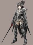 armor black_hair brown_background cherokee_(pixiv) copyright_request full_body gaunl gauntlets long_hair pointy_ears red_eyes simple_background solo standing sword very_long_hair weapon 