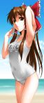  arm_up bow brown_eyes brown_hair byeontae_jagga hair_bow hair_tubes hakurei_reimu highres long_hair ocean one-piece_swimsuit parted_lips school_swimsuit skindentation solo swimsuit touhou wet white_school_swimsuit white_swimsuit 