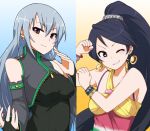  bare_shoulders black_gloves black_hair blue_eyes bracelet clenched_hand detached_sleeves earrings fingerless_gloves gloves grey_hair grin hoop_earrings idolmaster idolmaster_cinderella_girls jewelry kidachi long_hair multiple_girls ponytail red_eyes smile sugisaka_umi takamine_noa very_long_hair wink 