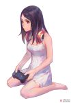  bare_shoulders barefoot black_hair controller copyright_request dress game_controller headphones headphones_around_neck jewelry krenz long_hair necklace red_eyes simple_background sitting solo wariza white_background white_dress 