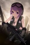  breasts cait camouflage cleavage dog_tags earmuffs elbow_pads gloves goggles goggles_on_head gun h&amp;k_mp5 highres knee_pads original purple_eyes purple_hair rifle short_hair solo submachine_gun sweat trigger_discipline violet_eyes weapon 