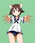  animal_ears brown_eyes brown_hair collarbone incoming_hug military military_uniform miyafuji_yoshika outstretched_arms short_hair simple_background smile solo strike_witches swimsuit swimsuit_under_clothes tail uniform yumekaranigeruna 