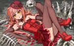  :o bare_shoulders blush brown_legwear dress elbow_gloves gloves hat long_hair looking_at_viewer matanitan on_back orange_hair panties pink_panties pointy_ears skeleton solo strapless_dress thigh-highs thighhighs twintails underwear yellow_eyes yuukoku_no_taisen 