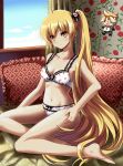  akita_neru althea_(sakiya0000) barefoot blonde_hair blush bra breasts character_doll cleavage collarbone curtains floral_print kagamine_len lingerie long_hair navel panties print_bra print_panties side_ponytail solo underwear underwear_only utau very_long_hair vocaloid window yellow_eyes 