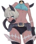    animal_ears bad_id bare_shoulders belt blue_eyes breasts cat_ears cat_tail dark_skin fingerless_gloves gloves holding holding_head ikari__(ikr0v0) midriff nadia_fortune navel rough severed_head simple_background skullgirls sleeveless solo standing tail under_boob underboob white_background white_hair 