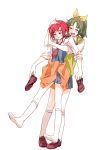 blush green_eyes green_hair hair_ornament hairclip hino_akane lifting midorikawa_nao multiple_girls open_mouth precure red_hair redhead school_uniform shoes_removed short_hair skirt sleeves_rolled_up smile smile_precure! sweater_around_waist sweater_vest tied_sweater tima 