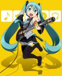  aqua_eyes aqua_hair arieko boots detached_sleeves electric_guitar guitar hatsune_miku headphones headset instrument jumping long_hair looking_at_viewer open_mouth skirt smile solo thigh-highs thigh_boots thighhighs twintails very_long_hair vocaloid yellow_background zettai_ryouiki 