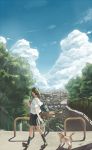  1girl bag booota brown_hair building cat chainlink_fence city cityscape cloud clouds fence highres original outdoors popsicle railing scenery school_uniform serafuku shadow short_hair short_ponytail skirt sky solo tree vocaloid walking 