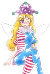  1girl ;p american_flag_legwear american_flag_shirt blonde_hair blush_stickers breasts clownpiece crossed_legs fairy_wings frilled_collar greyface hat invisible_chair jester_cap long_hair one_eye_closed pantyhose pink_eyes sitting solo tongue tongue_out touhou wings 