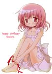  1girl absurdres bare_shoulders blush dress hair_down highres kaname_madoka looking_at_viewer mahou_shoujo_madoka_magica pink_eyes pink_hair ribbon_choker short_hair solo tsubaki_(tatajd) white_dress 