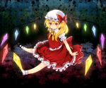  ascot blonde_hair bow flandre_scarlet hat mary_janes red_eyes rira_fuuka shoes short_hair side_ponytail sitting skirt smile solo touhou wings 