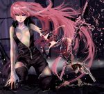  amputee android blue_eyes chain chains cross destruction gun highres long_hair mechanical_parts megurine_luka open_clothes open_mouth pink_hair red_eyes revolver solo supopon_(sppn) tears very_long_hair vocaloid weapon zipper 