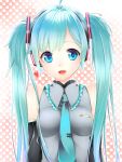  bad_id blue_eyes blue_hair checkered detached_sleeves hatsune_miku headphones heart highres necktie solo twintails vocaloid yutazou 