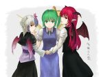  bat_wings beato2528 blue_hair bow daiyousei dress_shirt eyebrows fairy_wings fingernails green_eyes green_hair hair_bow hair_ribbon hand_holding hand_on_another&#039;s_cheek hand_on_another's_cheek head_wings holding_hands horns japanese_clothes koakuma lips long_fingernails long_hair long_sleeves looking_at_viewer looking_back multicolored_hair multiple_girls nail_polish open_mouth payot pointy_ears red_eyes ribbon shirt short_hair short_sleeves side_ponytail simple_background single_wing skirt skirt_set smile tokiko_(touhou) touhou translation_request two-tone_hair vest white_hair white_shirt wings 