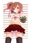  belt black_legwear brown_hair flat_chest frog hair_ribbon hand_puppet highres looking_at_viewer meile midriff momoiro_taisen_pairon navel original plaid plaid_skirt puppet red_eyes ribbon short_hair side_ponytail skirt smile solo striped striped_background thigh-highs thighhighs 