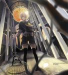  aocean bandage_over_one_eye black_legwear black_lgwear blonde_hair eyepatch hair_over_one_eye indoors lens_flare looking_at_viewer male oliver_(vocaloid) short_hair shorts smile solo thigh-highs thighhighs vocaloid yellow_eyes 