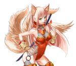  animal_ears bare_shoulders breasts cigar cigarette fire fishnets fox_ears fox_tail green_eyes hand_on_hip hips katana leotard long_hair mayumio88 middle_finger mouth_hold multiple_tails pink_hair pyrokinesis reki-dama solo sword tail weapon white_background 