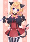  1girl animal_ears blonde_hair blush cat_ears cat_tail gloves hair_ornament hair_ribbon hairclip highres kagamine_rin open_mouth pantyhose ribbon short_hair skirt solo tail twintails vertical-striped_legwear vertical_stripes violet_eyes vocaloid yayoi_(egoistic_realism) 
