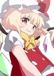  :3 bad_id blonde_hair bow bowtie bust buttons flandre_scarlet hat hat_bow hikimayu light_smile looking_at_viewer looking_down puffy_sleeves px8xq red_eyes short_sleeves simple_background solo touhou white_background wings 