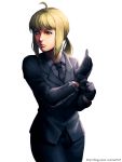  ahoge black_gloves fate/zero fate_(series) formal gloves green_eyes highres long_hair necktie pant_suit ponytail realistic saber ser323 solo suit 