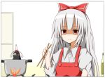  apron bow candle chopsticks comic empty_eyes fujiwara_no_mokou fujiwara_no_mokou_(phoenix) grey_hair hair_bow hat karamoneeze long_hair red_eyes shaded_face shameimaru_aya shameimaru_aya_(crow) smile solo tokin_hat touhou 