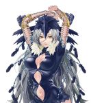  arms_up beads bird_hat breasts feathers fishnets lip lips long_hair mayumio88 navel reki-dama silver_hair solo very_long_hair white_background yellow_eyes 