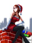  arm_support bare_shoulders belt black_legwear blue_eyes brown_hair evangelion:_2.0_you_can_(not)_advance gift glasses hand_on_hip hat hips kakome looking_at_viewer makinami_mari_illustrious neon_genesis_evangelion pantyhose rebuild_of_evangelion sack santa_costume santa_hat sitting solo twintails 