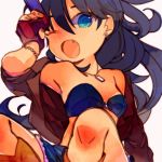  armpits bad_id bare_shoulders black_hair blue_eyes bra bracelet earrings fang fingerless_gloves ganaha_hibiki gloves idolmaster jacket jewelry lingerie makino_(sinobusan) necklace open_mouth solo underwear wink 