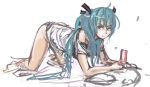  :3 all_fours aqua_eyes aqua_hair bare_legs cellphone commentary hair_ornament hatsune_miku long_hair naked_shirt off_shoulder pan!ies panties phone sketch solo twintails underwear vocaloid 