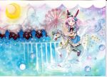  :d animal_ears artist_name blue_eyes bow bunny_ears checkered crescent_moon dated ferris_wheel gloves hair_bow hat horse moon mosho open_mouth original pantyhose pink_hair rabbit_ears riding roller_coaster smile solo traditional_media water watercolor_(medium) white_gloves 