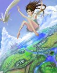  bandage bandages bare_legs barefoot bird brown_hair cherokee_(pixiv) cloud clouds green_eyes highres long_hair open_mouth original pointy_ears sky solo 